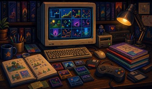 Pixel-art illustratie van indie platformgame prototypes op een werkbank