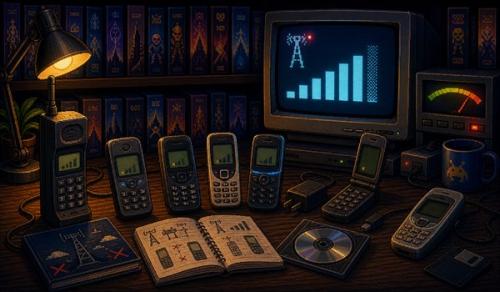 Pixel-art illustratie van oude mobiele telefoons en verdwijnend signaal