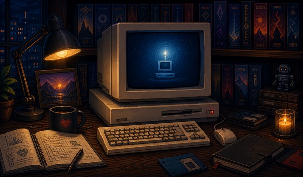 Pixel-art illustratie van een stille retro computer als technologisch eerbetoon