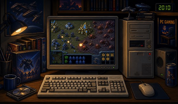 Pixel-art illustratie van een RTS-game op een retro PC-opstelling