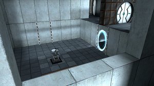Portal screenshot met blauwe portal in Aperture Science