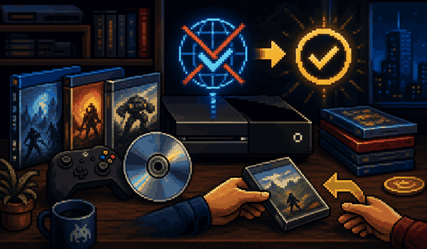 Pixel-art illustratie over Xbox One DRM, online controle en fysieke gamebezit