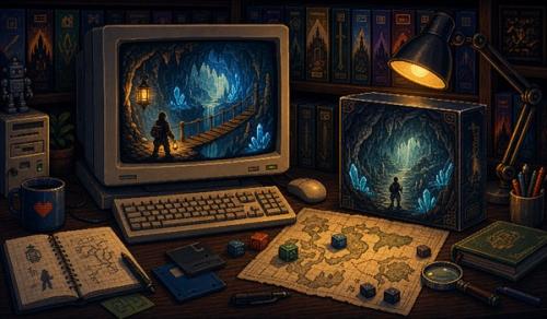 Pixel-art illustration of a classic cave adventure game on a retro PC