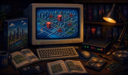 Pixel-art illustration of server trouble during a city-builder launch