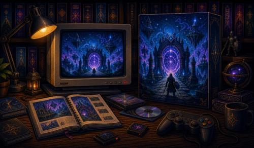 Pixel-art illustratie van een kosmische fantasy-update op een retro PC