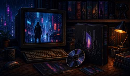 Pixel-art illustration of a cyberpunk game reboot in a retro game room