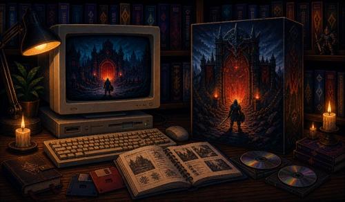 Pixel-art illustration of a dark fantasy RPG beta