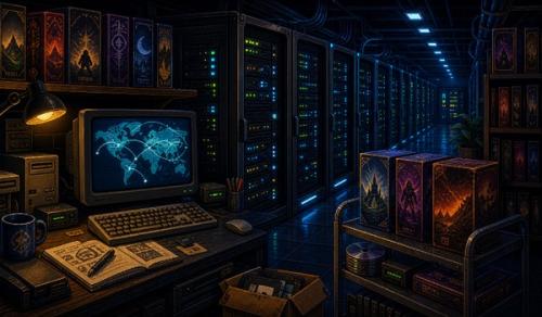 Pixel-art illustration of servers and game infrastructure