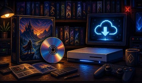 Pixel-art illustration of physical games beside a digital download
