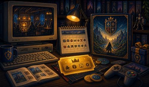 Pixel-art illustration of a fantasy subscription and game bonus