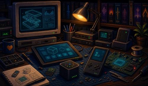Pixel-art illustration of prototype gadgets on a workbench