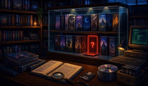Pixel-art illustratie van een game-archief met een ontbrekende titel