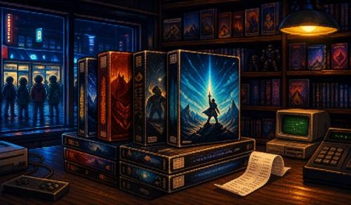 Pixel-art illustration of a major game launch in a shop