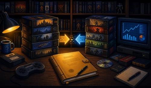 Pixel-art illustratie van gamebedrijven en overnames in een retro kantoor