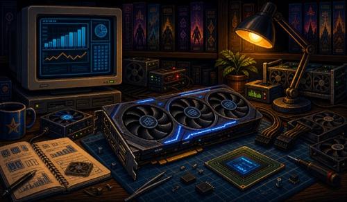 Pixel-art illustration of a graphics card on a PC workbench