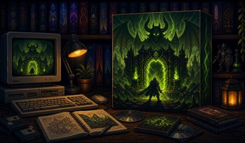 Pixel-art illustration of a green fantasy invasion on a retro PC