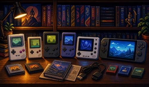 Pixel-art illustration of handheld consoles through the years