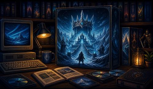 Pixel-art illustration of an icy fantasy citadel