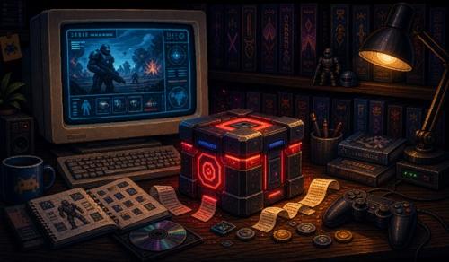 Pixel-art illustratie van een sci-fi lootboxdiscussie
