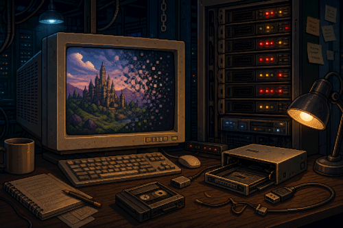8-bit illustration of an old CRT monitor showing a fading fantasy online world beside a server rack and loose backup media