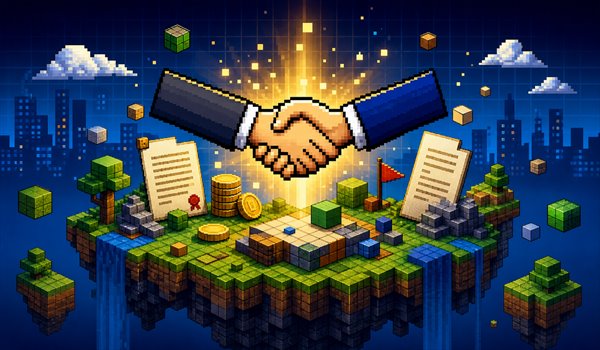 Pixel-art illustration of block building, game culture and a major acquisition