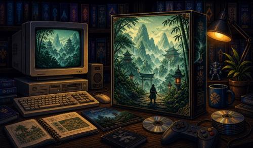 Pixel-art illustratie van een mistige fantasy-uitbreiding