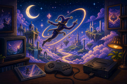 8-bit dreamscape with a Saturn-like console, controller and a flying figure moving through glowing golden loops