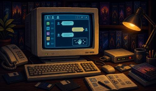 Pixel-art illustration of an old chat service on a retro computer