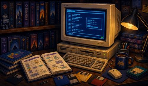 Pixel-art illustration of old programming code on a retro computer
