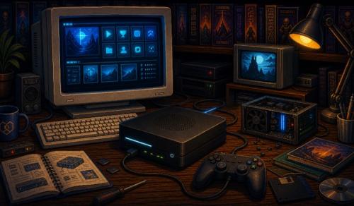 Pixel-art illustration of a PC-console prototype on a workbench