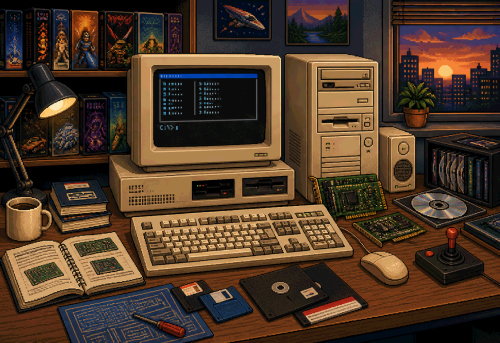 8-bit impression of a retro PC setup with CRT monitor, beige hardware and boxed PC games
