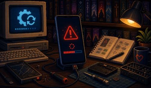 Pixel-art illustratie van een smartphone update-waarschuwing