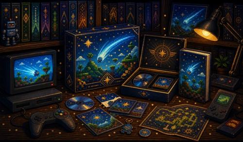 Pixel-art illustration of a retro platform game collector set