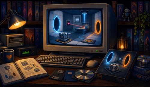 Pixel-art illustration of a sci-fi puzzle game on a retro PC