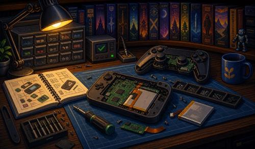 Pixel-art illustration of repairable gaming hardware on a workbench