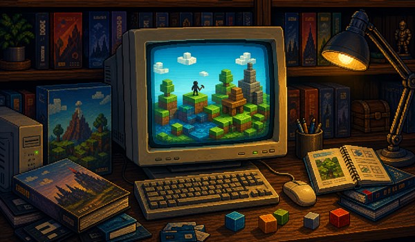 Pixel-art illustration of a classic building game on a retro PC