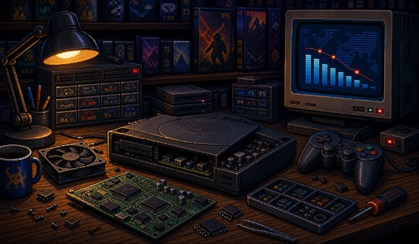 Pixel-art illustratie van consolehardware en onderdelen op een werkbank