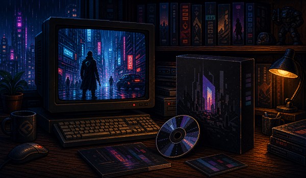 Pixel-art illustration of a cyberpunk game world on a retro PC