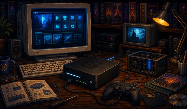 Pixel-art illustratie van een PC-console prototype op een werkbank