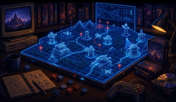 Pixel-art illustratie van een tactische multiplayerkaart op een retro PC-desk