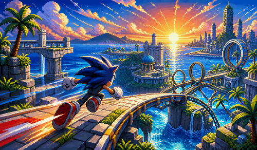 8-bit coastal city with white ruins, looping rails and a fast blue hedgehog-like runner heading toward the sunset