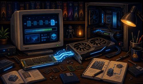 Pixel-art illustration of fast SSD storage and game files