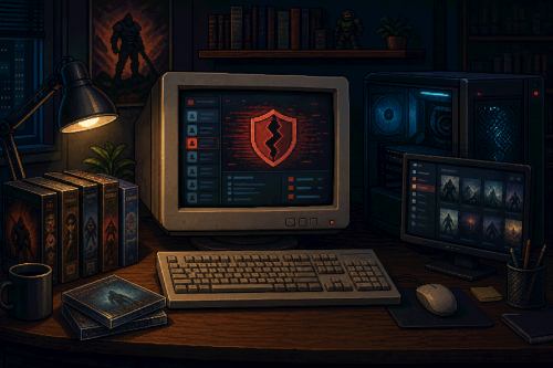 8-bit illustration of a retro PC setup with a cracked security shield on the monitor, a digital game library and boxed PC games beside it