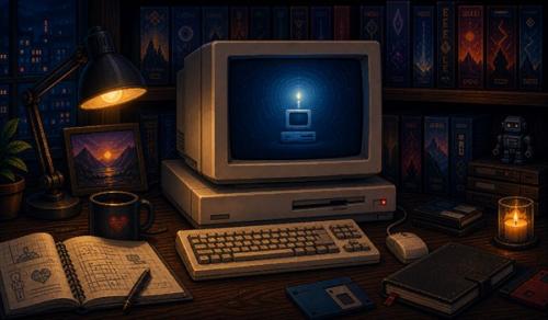 Pixel-art illustratie van een stille retro computer als technologisch eerbetoon