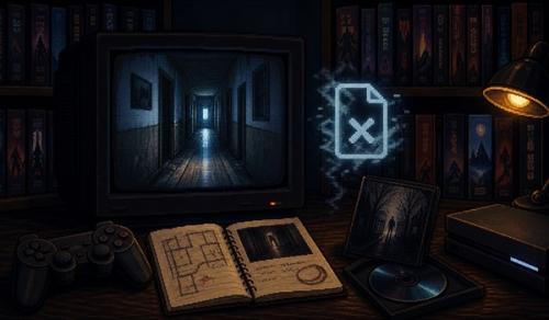 Pixel-art illustratie van een verdwenen horror-demo op een console