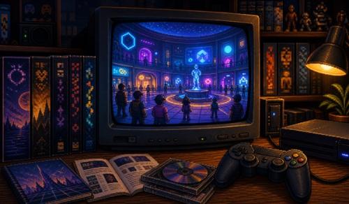 Pixel-art illustratie van een virtuele online ontmoetingsplaats