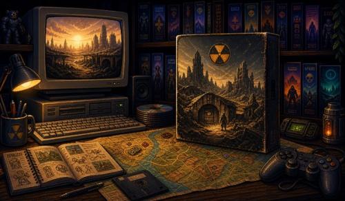Pixel-art illustration of a post-apocalyptic RPG box