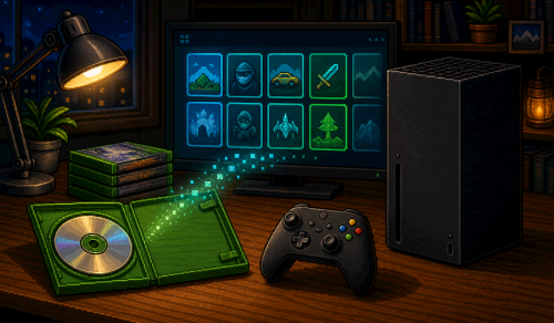 8-bit illustration of an Xbox-like console, a wireless controller, green game cases and a disc turning into glowing digital tiles