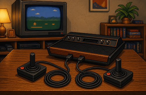 8-bit afbeelding van een Atari 2600 met joysticks op een tafel voor een CRT-televisie