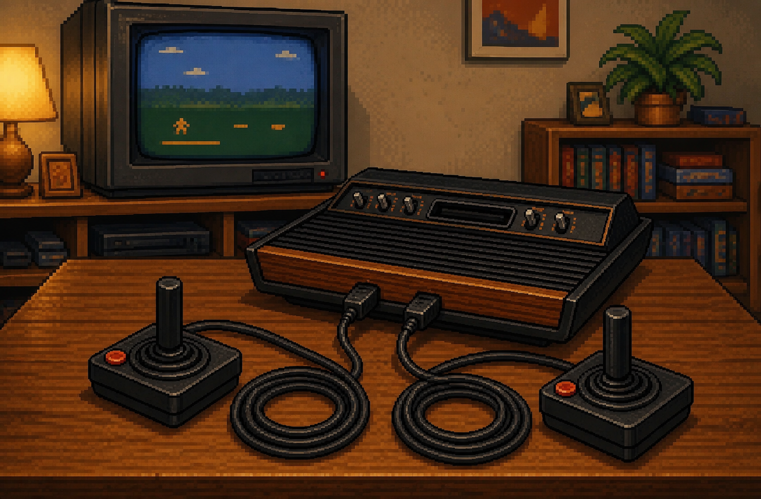 8-bit image of an Atari 2600 with joysticks on a wooden table